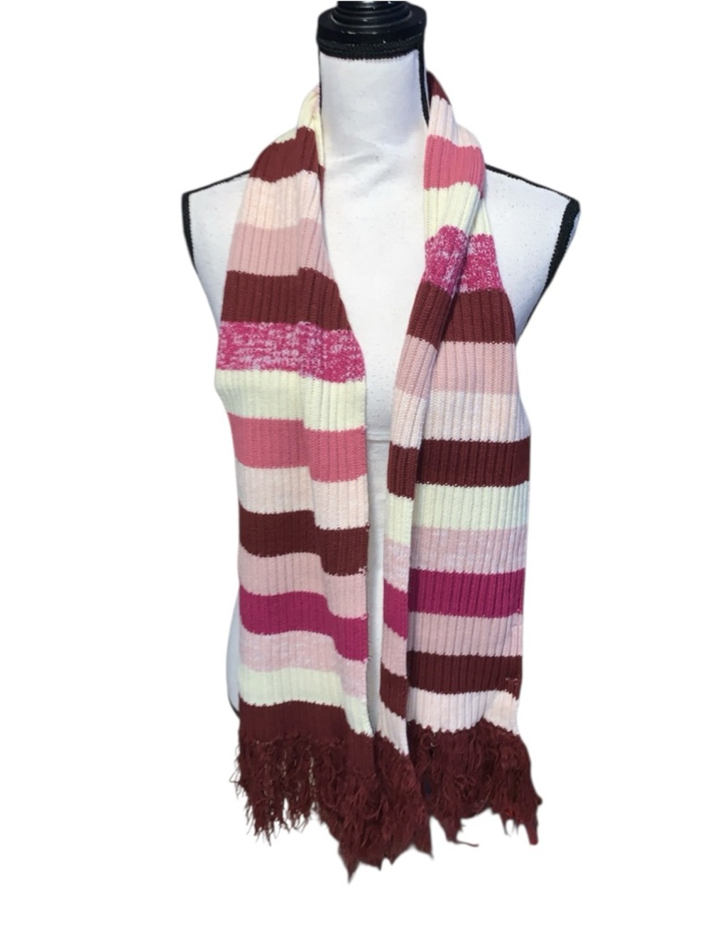 Airport Clothing Company Striped Knit Fringe Scarf in Pink Cream & Burgundy